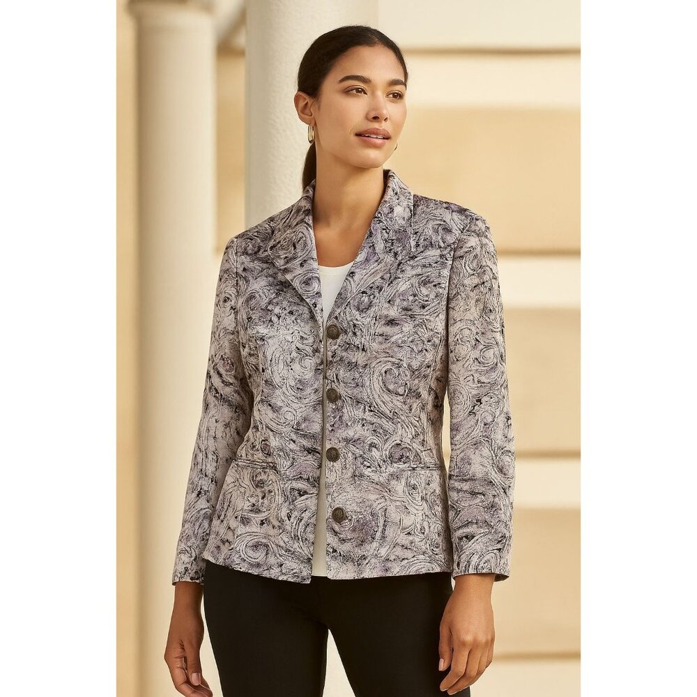 Chico's Parmenia Jacket Purple Pretty Print Silk Beaded Appliques Size 2 Large - Picture 3 of 16